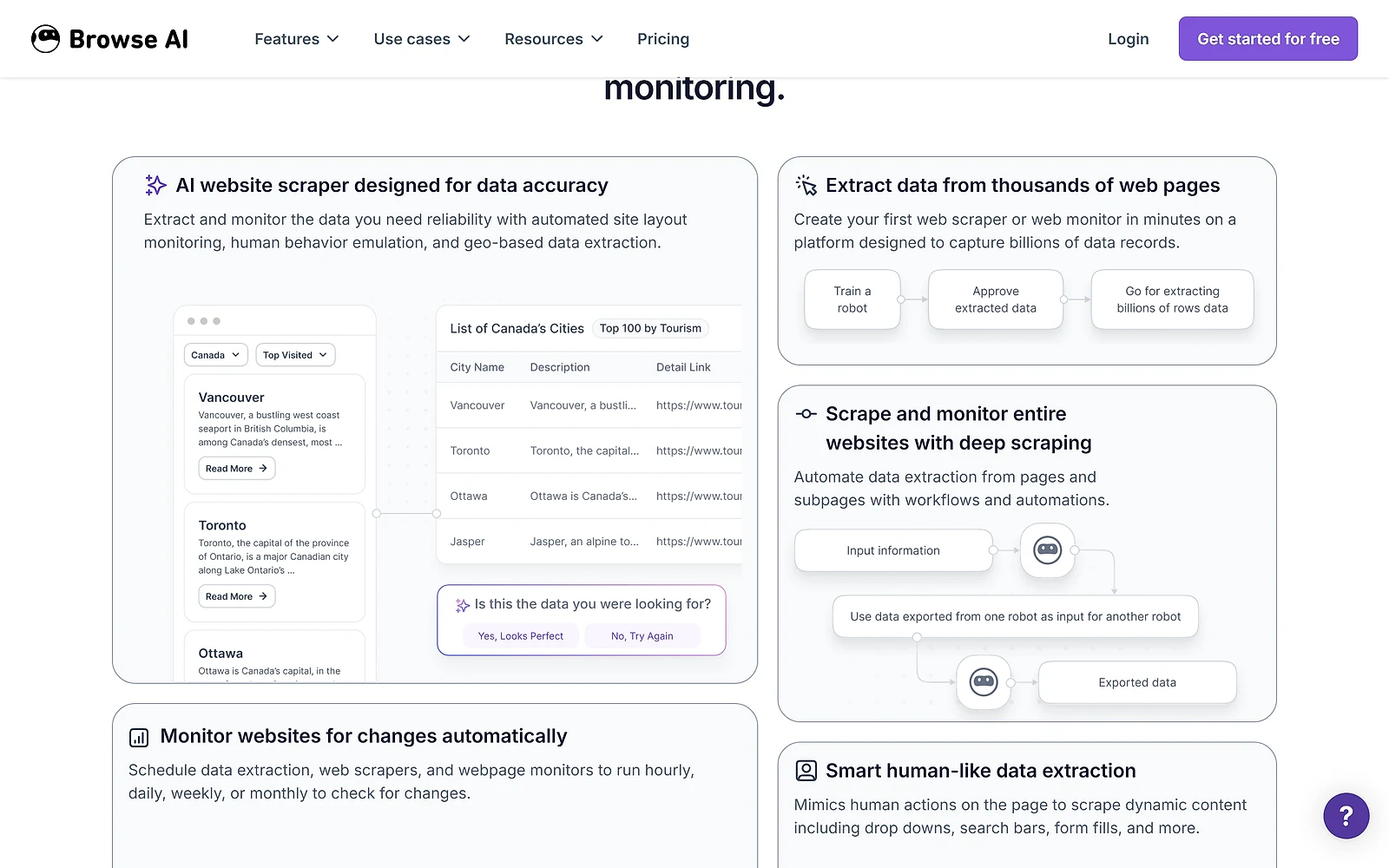 Browse AI showing where extracted data can be sent, including spreadsheets and other tools