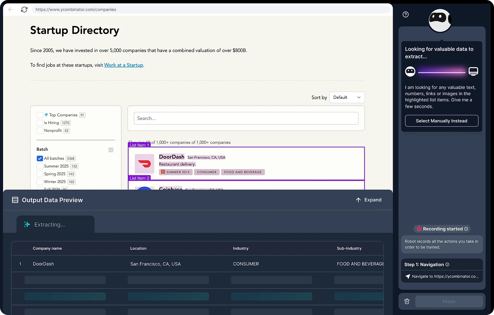 The Browse AI interface for extracting structured data from a website without writing code