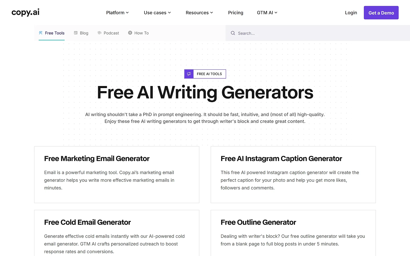 Copy.ai free writing generators, the no-account tools it still offers
