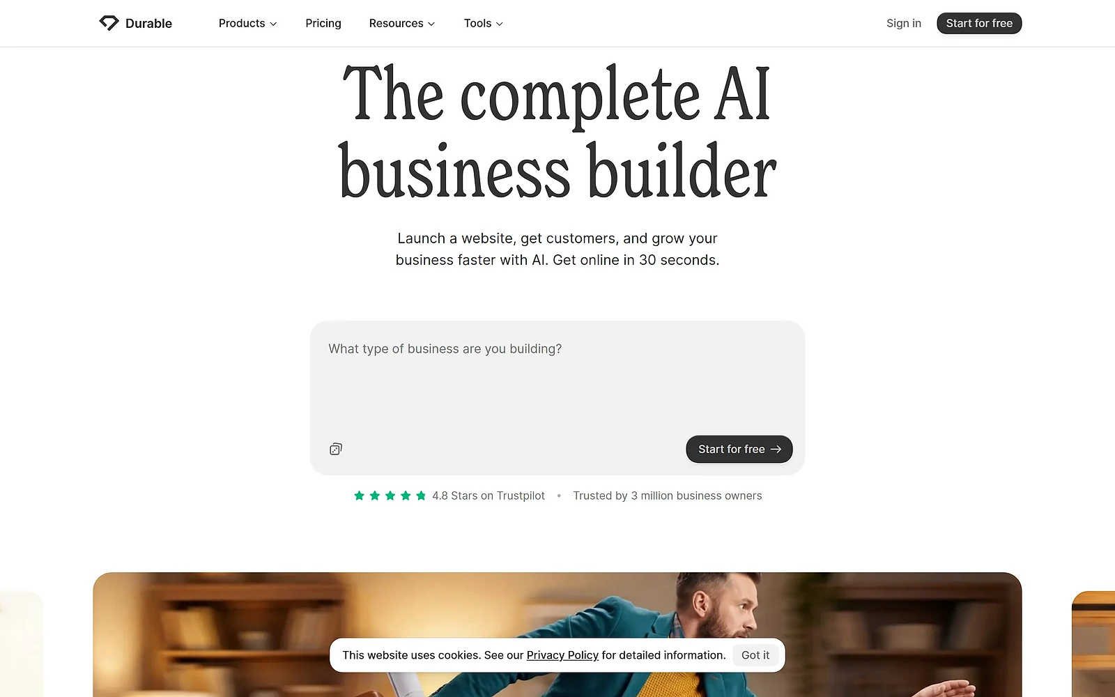 Durable homepage describing its combined website, CRM and invoicing product