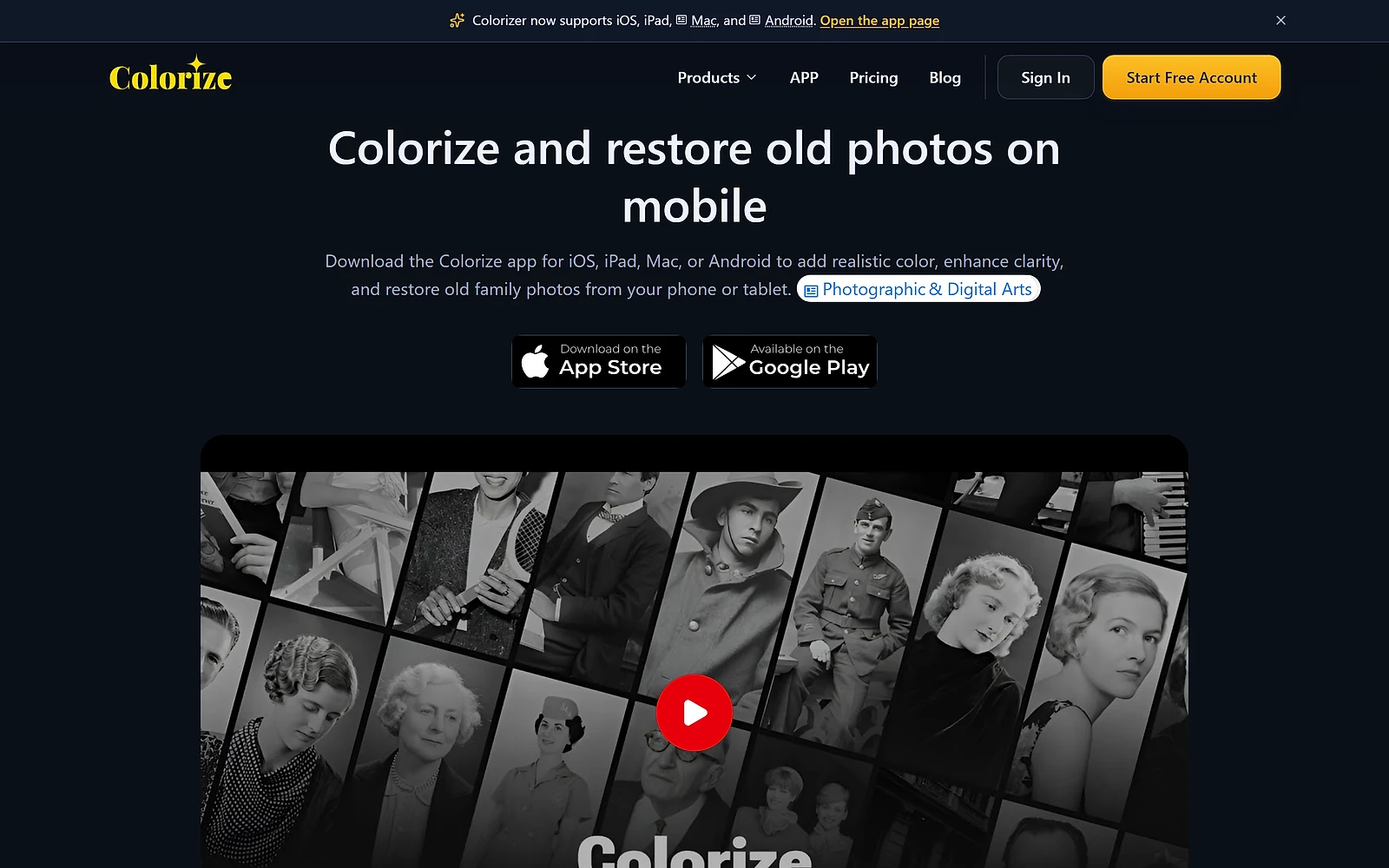 The ImageColorizer site showing its Colorize app for restoring old family photographs on desktop and mobile