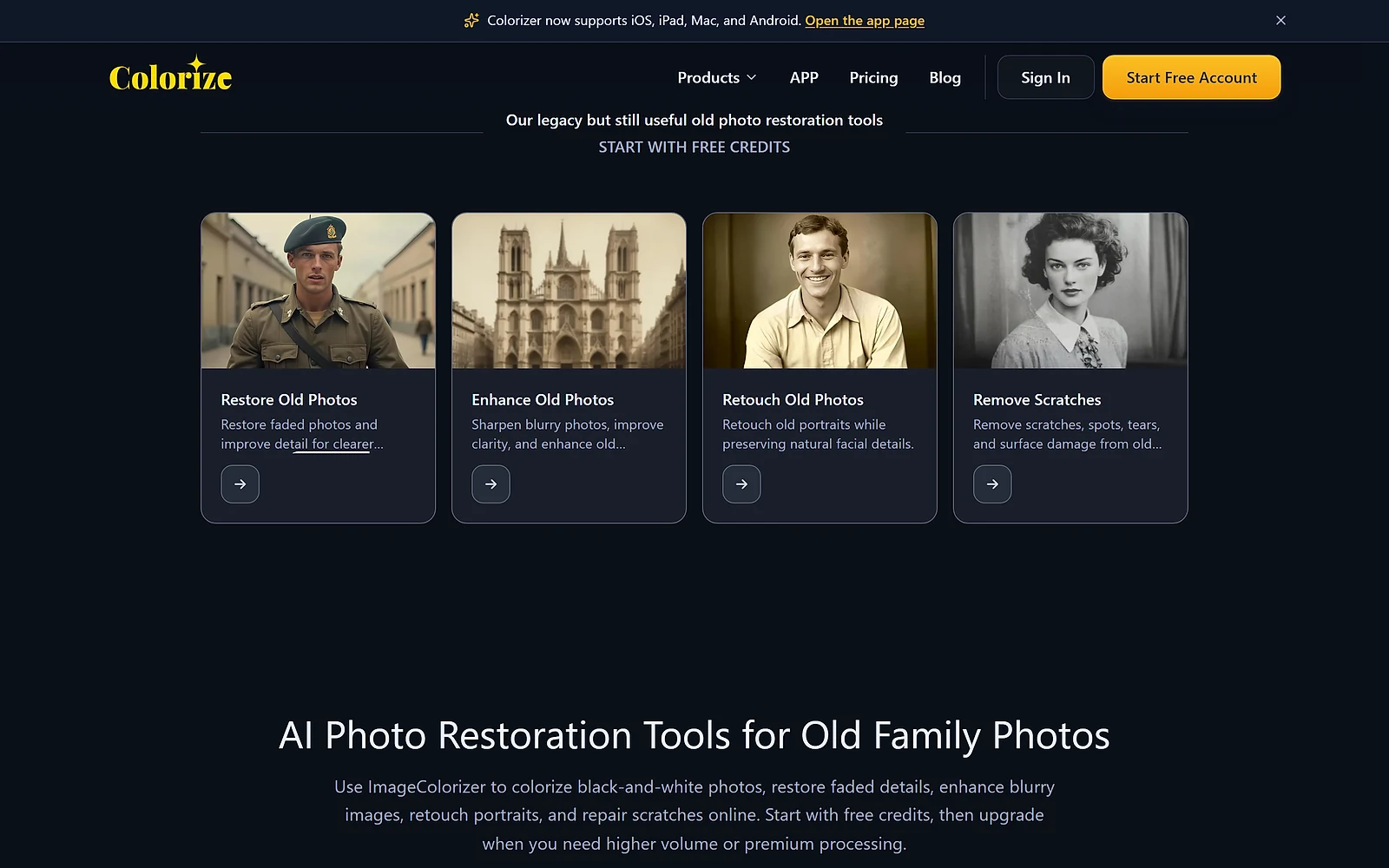 ImageColorizer restoration tools for restoring faded photos, enhancing clarity, retouching portraits and removing scratches