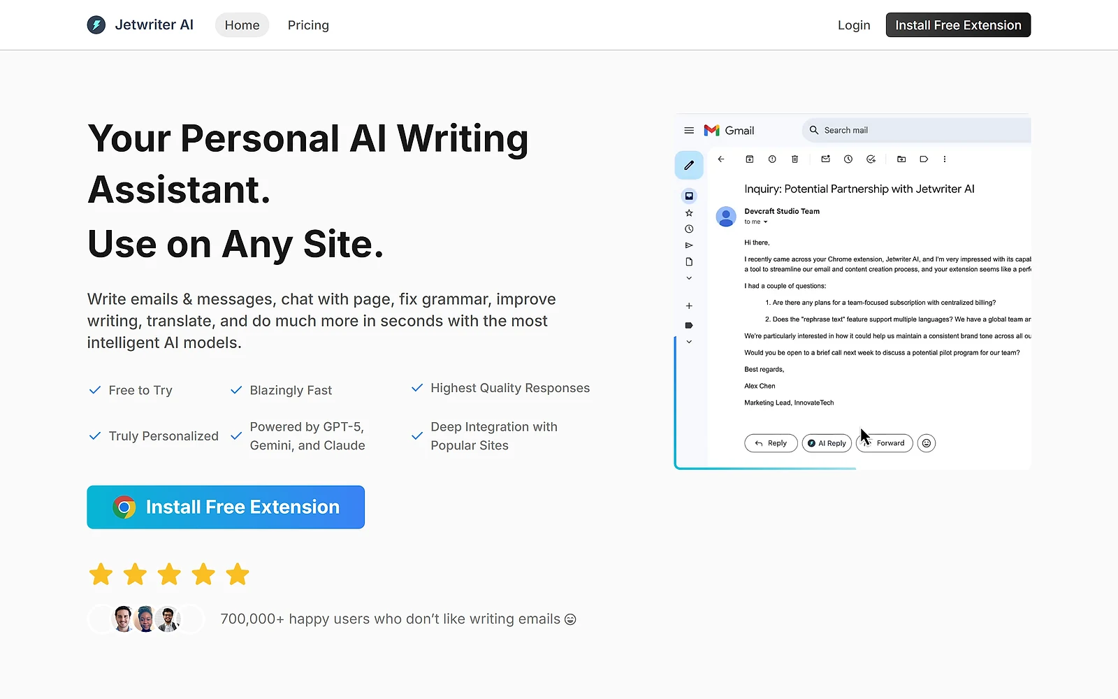 Jetwriter AI homepage describing itself as a browser-based AI assistant