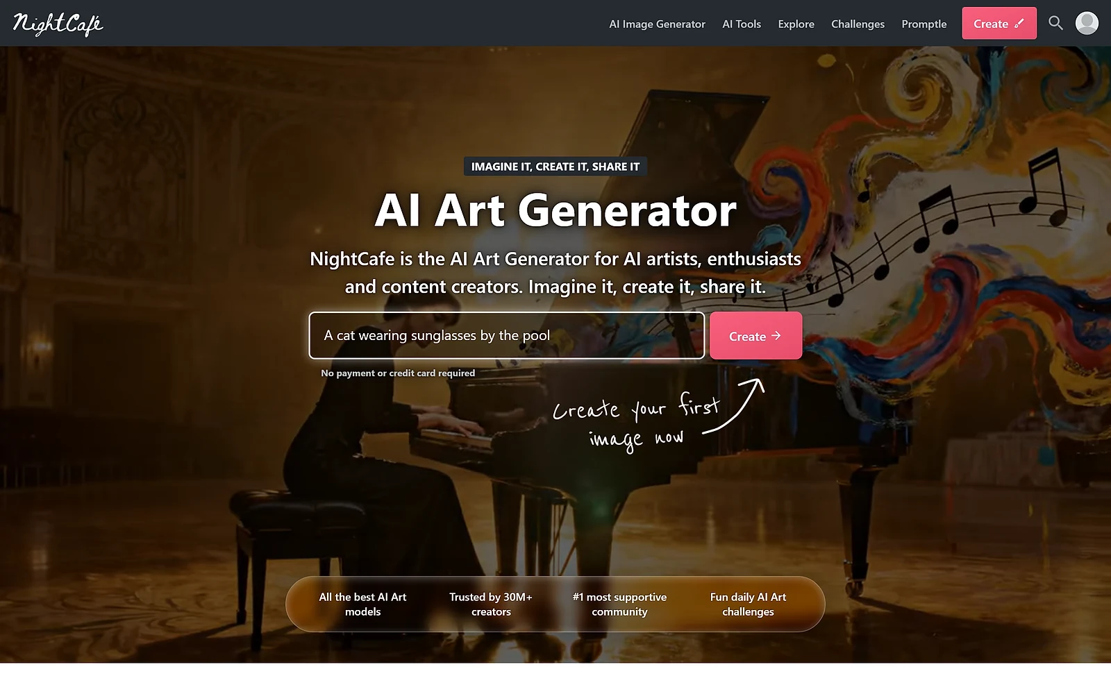 NightCafe Studio homepage, an AI art generator built around a creator community