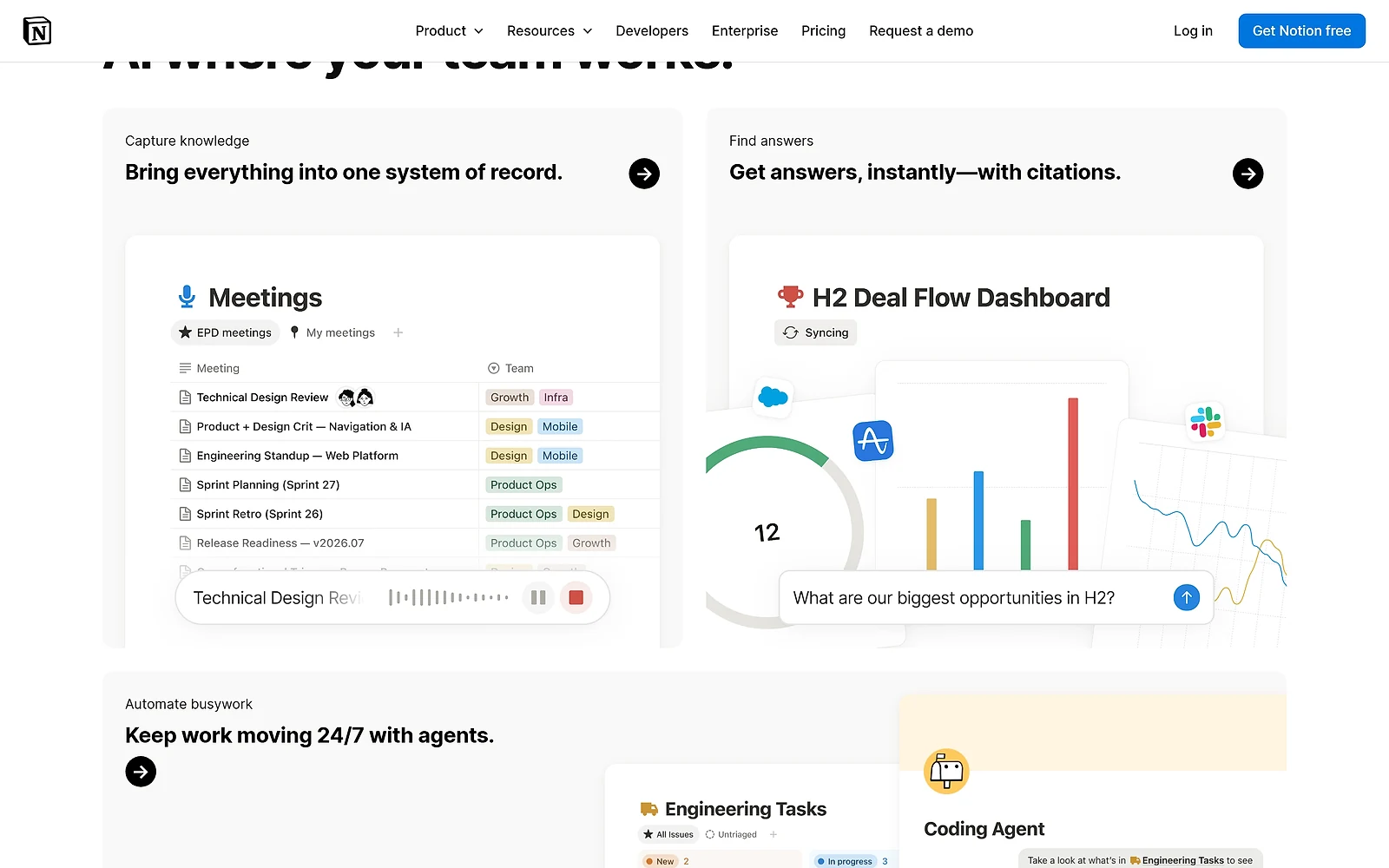 A Notion database with custom properties, used alongside its AI features