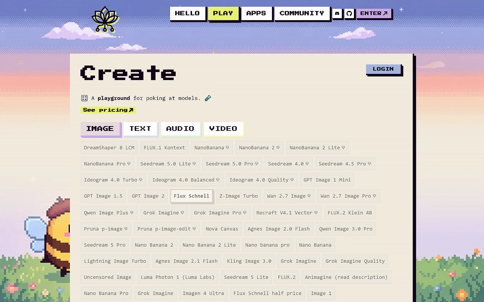 The Pollinations playground listing image models including FLUX, Seedream, Ideogram, GPT Image and Nano Banana
