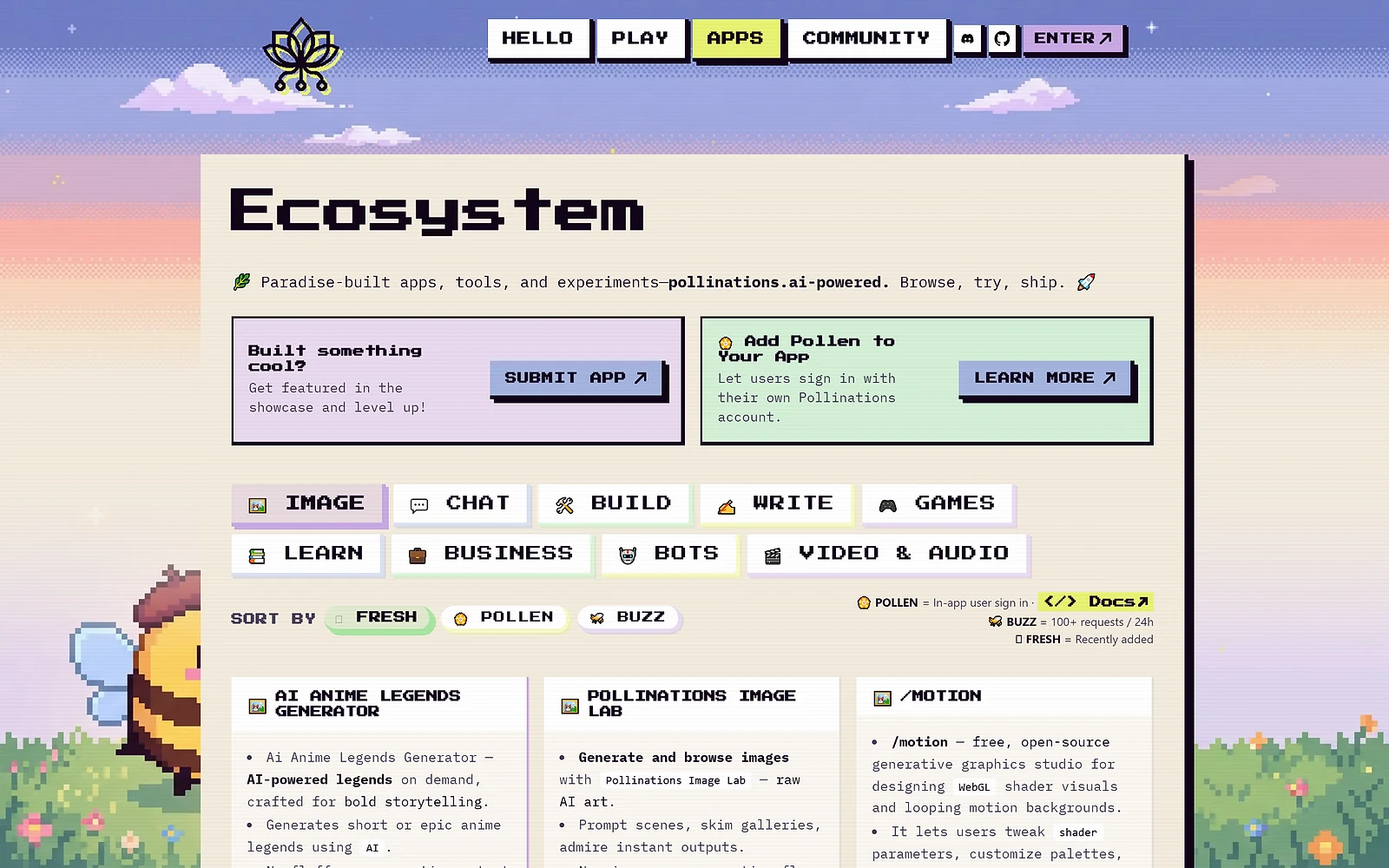 The Pollinations apps ecosystem page showing community-built applications