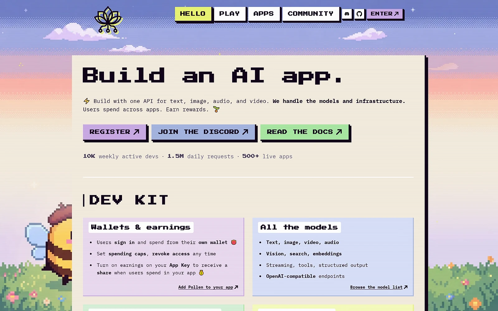 The Pollinations homepage describing a single API for text, image, audio and video, with wallet and earnings details