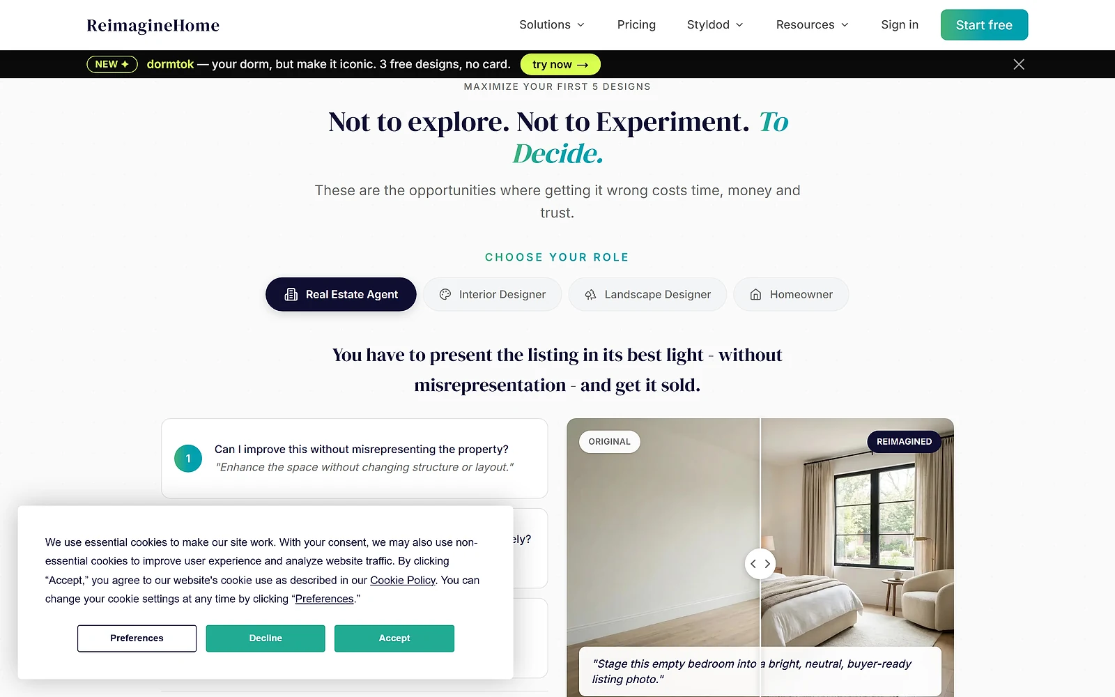 ReimagineHome showing staging styles available for an empty room