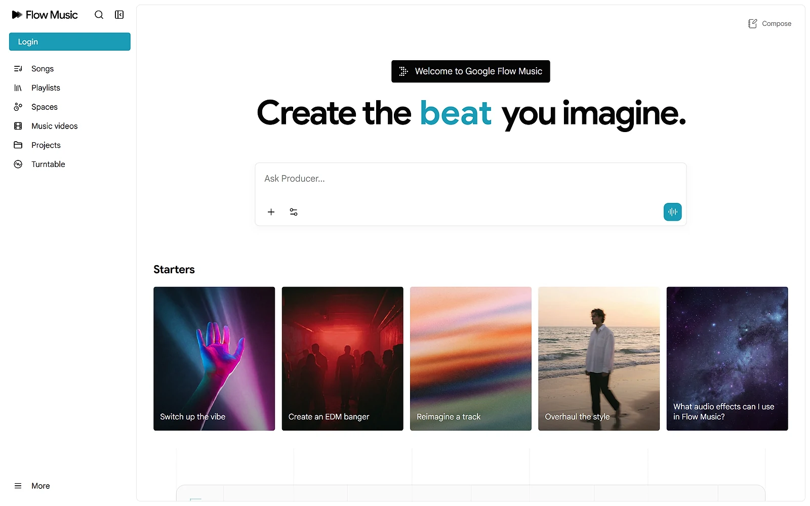 Flow Music homepage, the product Riffusion now redirects to