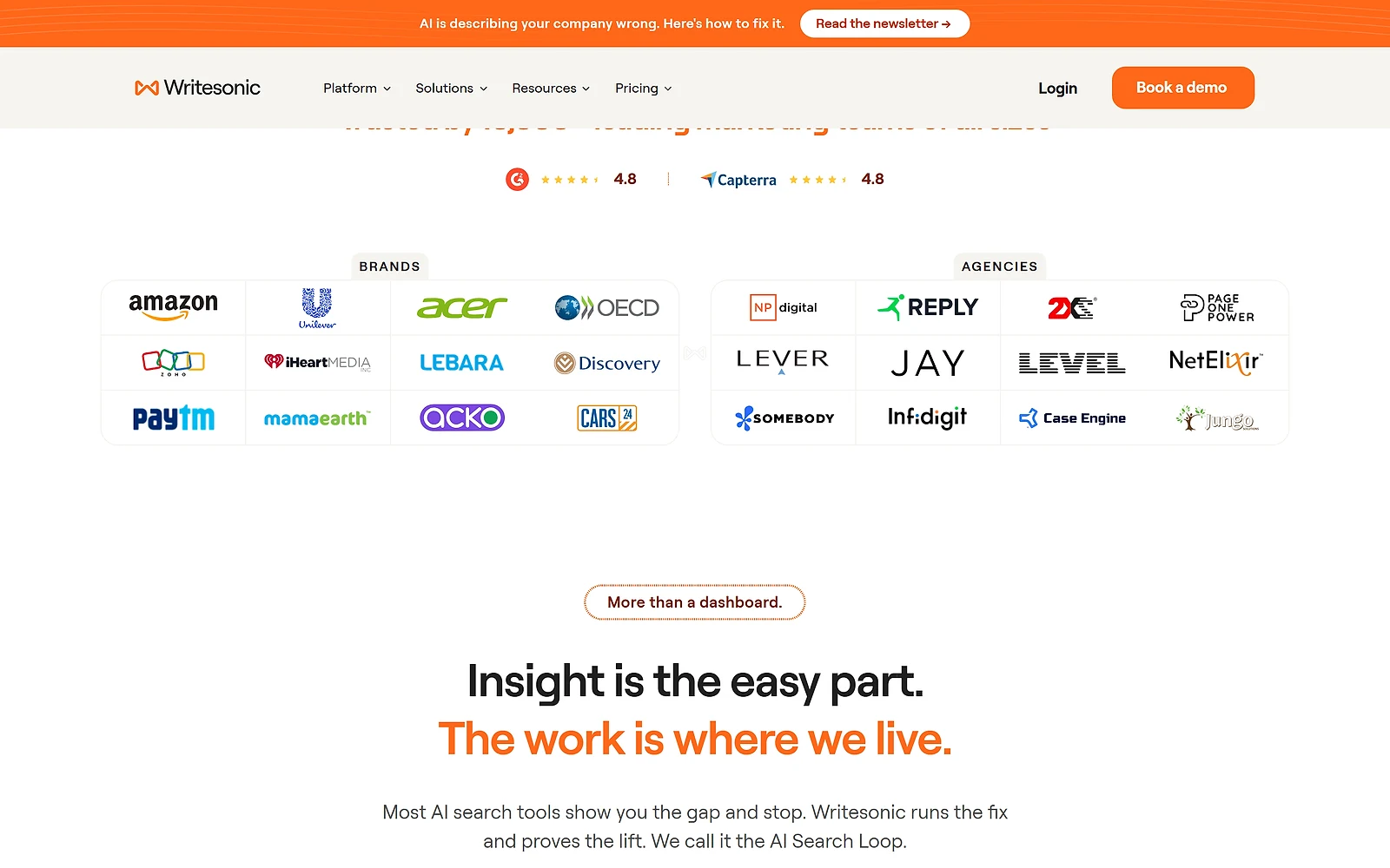 Writesonic customer logos including Amazon, Unilever and Acer, alongside G2 and Capterra ratings of 4.8