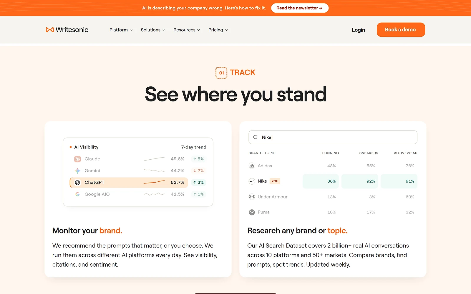 Writesonic tracking dashboard comparing AI visibility across Claude, Gemini, ChatGPT and Google AI Overviews, next to a brand comparison for running and sneaker queries