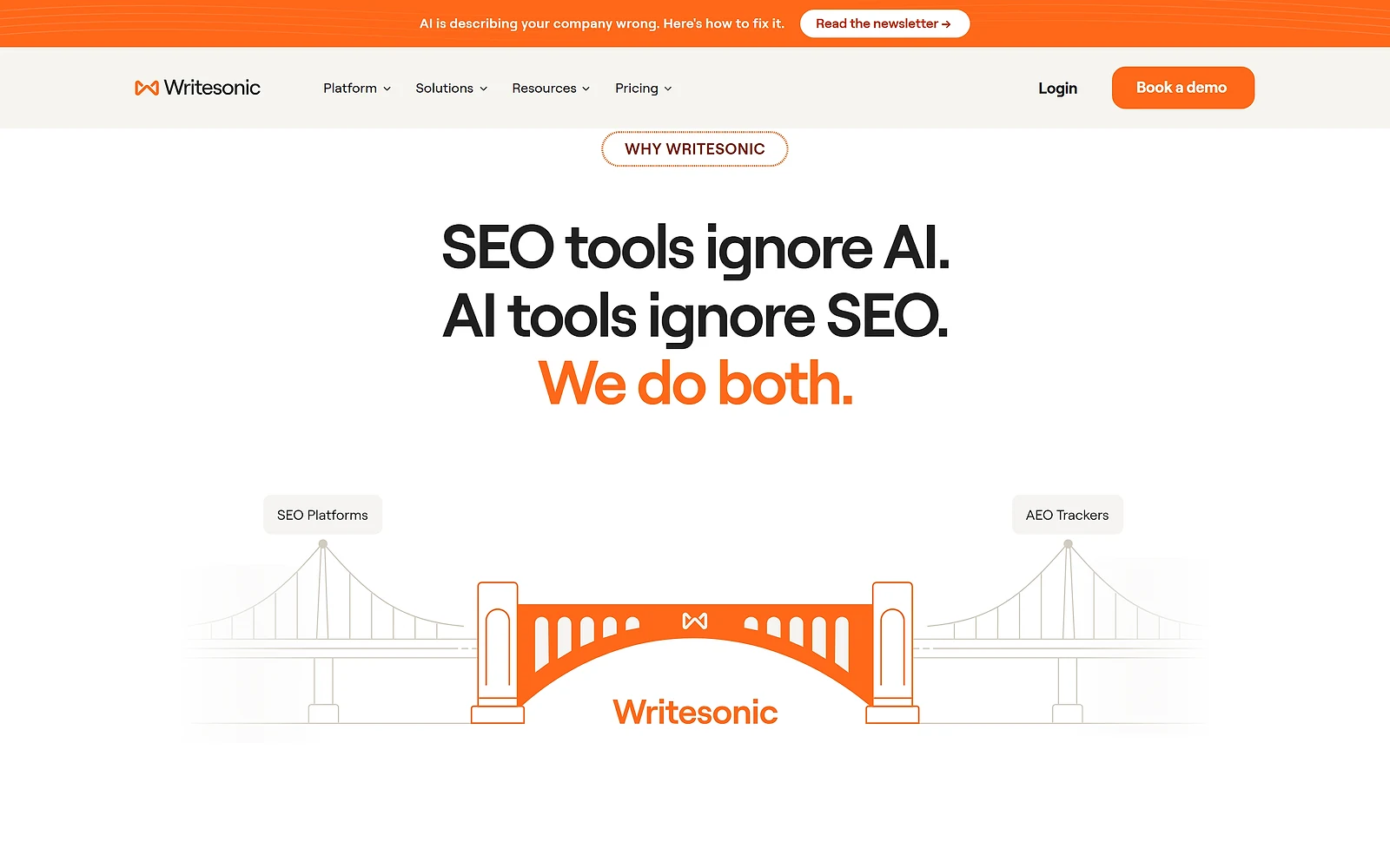 Writesonic positioning graphic showing it bridging traditional SEO platforms and AI answer engine trackers